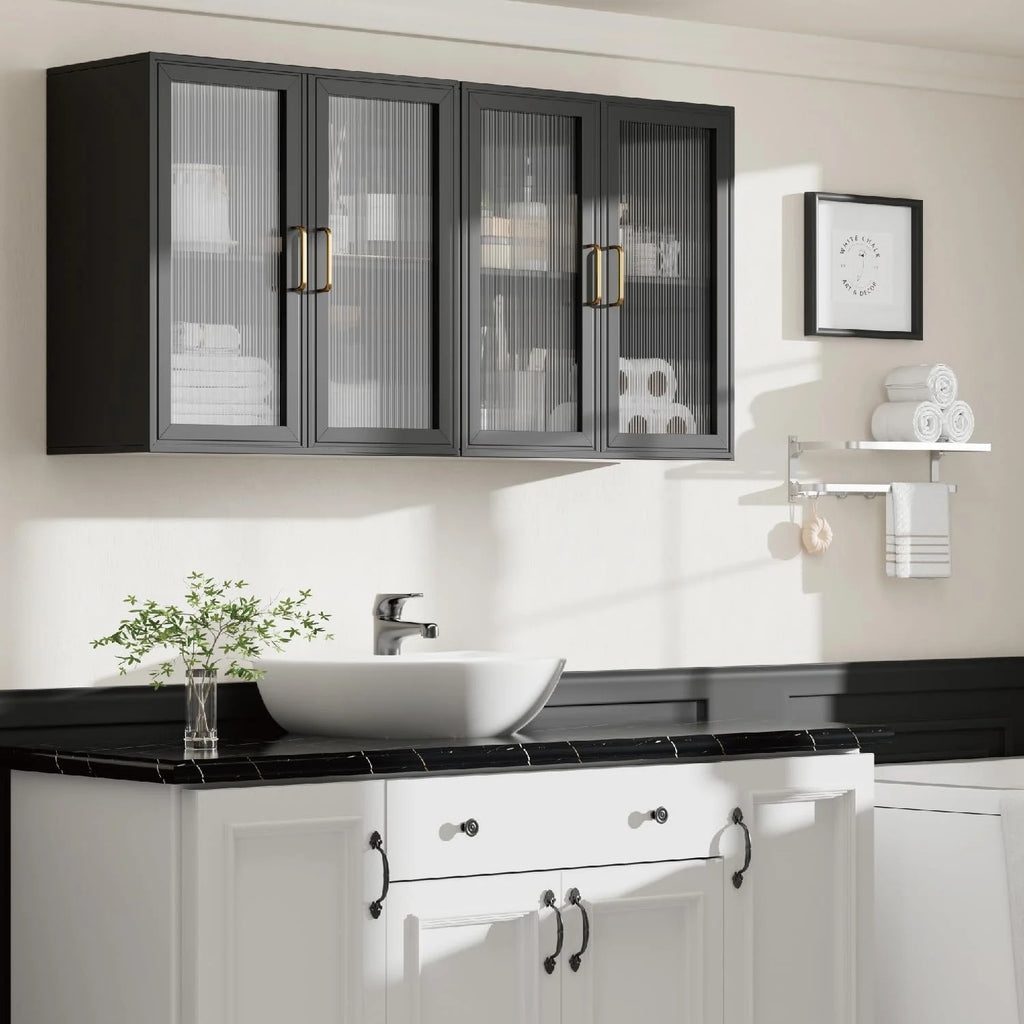 Wall Storage Cabinets - Led Upper Kitchen Laundry Wall Mounted Cabinets with Acrylic Glass 3 Doors and Shelves, 36'Wide