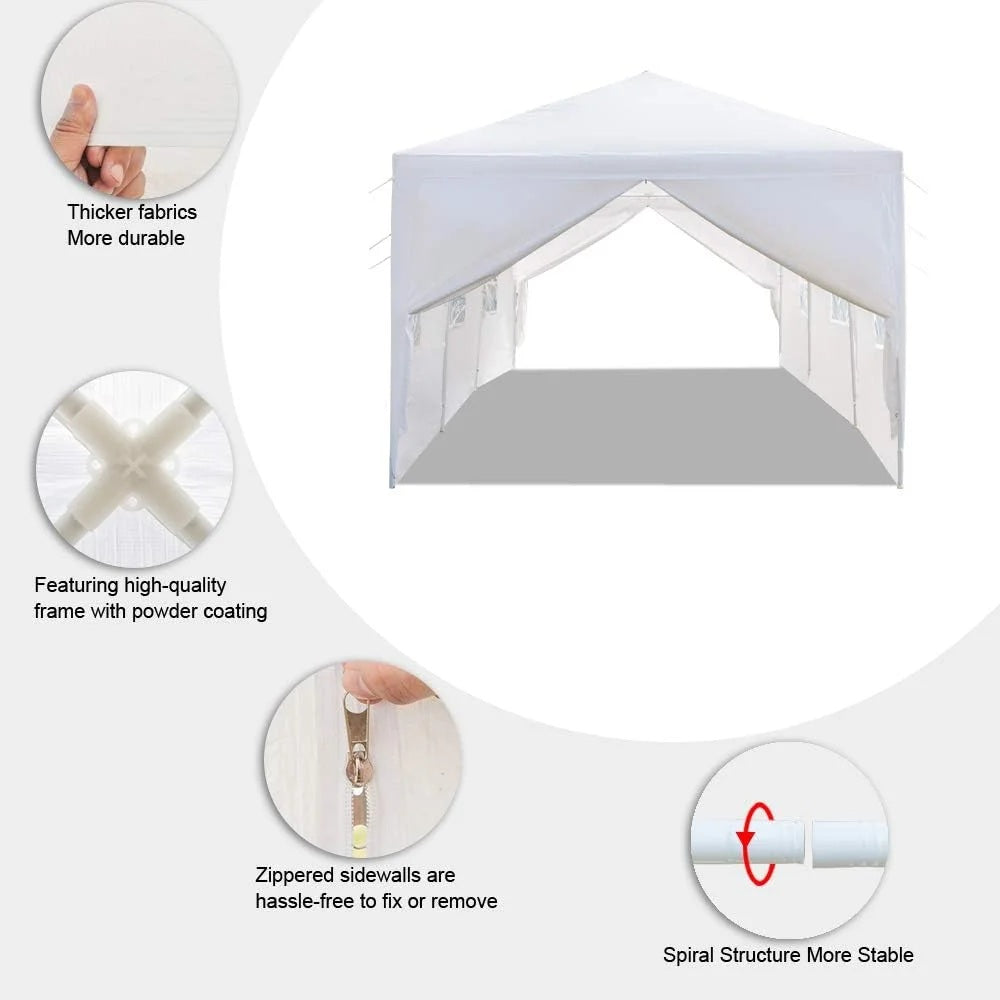 10'x30' Outdoor Patio Wedding Party Tent Heavy Duty Canopy Tent Gazebo, Waterproof UV Protection Tent with Spiral Tubes White(8 Removable Sidewalls 2 Doors)
