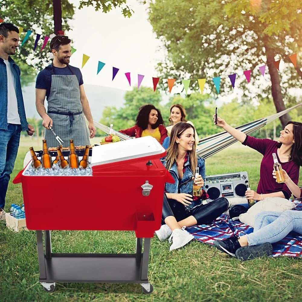 EasingRoom Iron Spray Plastic Patio Cooler Cart with Tray Cooler with Shelf Green