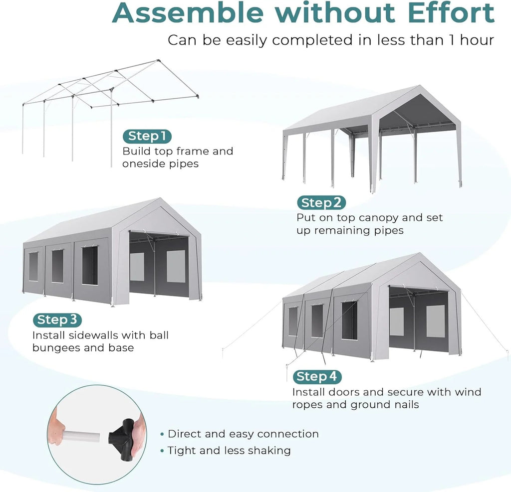 Vitarpatio Carport, 10x20 ft Heavy Duty Car Port Canopy with 6 Roll-up Windows, Reinforced Metal Carport Portable Garage Waterproof Car Tent with Removable Sidewalls & Door