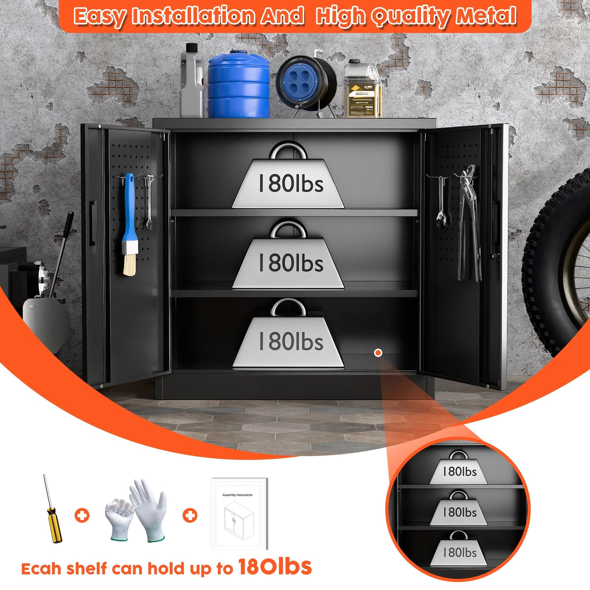 Aobabo Metal Storage Cabinet with Lock & Pegboard,Garage Storage Cabinet with 5 Adjustable Shelves,Tool Storage Cabinets for Home Office Garage,Assembly Required,Black