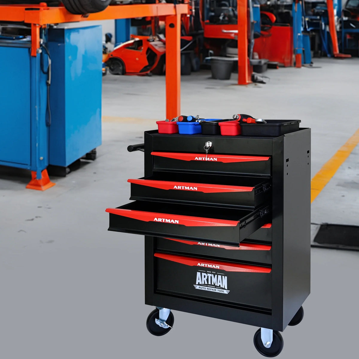 NIGSQJB 30.5"H Rolling Tool Chest Cart with 6 Drawers, 7 Small Tool Boxes Organizers, Lockable Tool Cabinet Storage with Wheels for Garage, Warehouse,Workshop, Repair Shop, DIY, Red