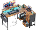 47" Reversible L Shaped Gaming Computer Desk, Corner Desk with Power Outlets & Monitor Stand, Writing Study Table with 4 Storage Drawers, Desk with LED Lights, White
