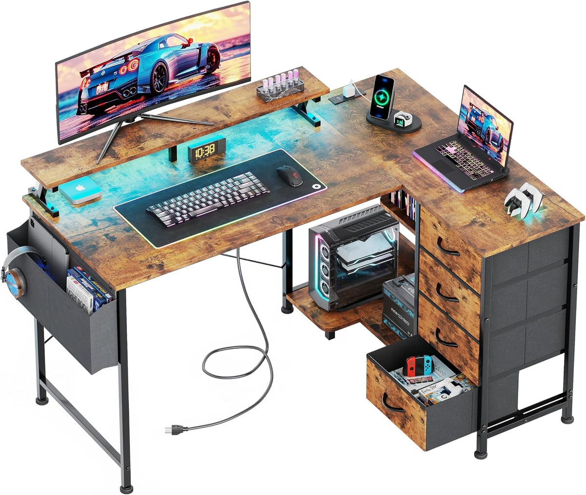 47" Reversible L Shaped Gaming Computer Desk, Corner Desk with Power Outlets & Monitor Stand, Writing Study Table with 4 Storage Drawers, Desk with LED Lights, White