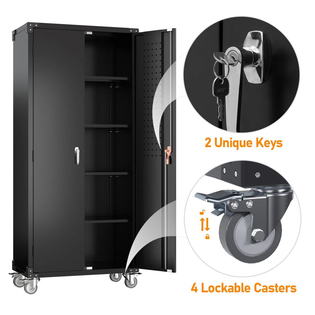 GangMei 71 Inches Tall Metal Garage Storage Cabinets with 5 Adjustable Shelves & Pegboards, Lockable Steel Black Storage Cabinet with Doors for Office, Home, School, Shops, Garage, Assembly required