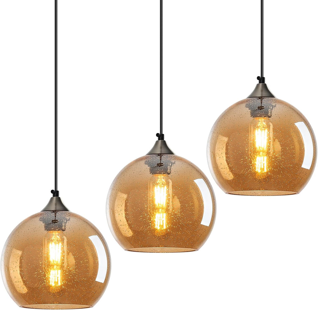 Amber Pendant Lights Kitchen Island 3 Pack, 5.9 in Seeded Glass Globe