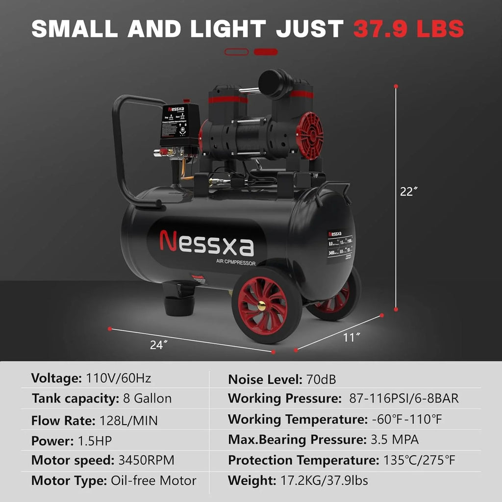 14-Gallon ultra-quiet air compressor 70dB, 2HP horsepower, 8.75CFM flow, maximum 116PSI pressure, oil-free design, 110V voltage, suitable for car repair, painting, and carpentry nailing operations