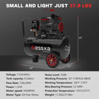 14-Gallon ultra-quiet air compressor 70dB, 2HP horsepower, 8.75CFM flow, maximum 116PSI pressure, oil-free design, 110V voltage, suitable for car repair, painting, and carpentry nailing operations