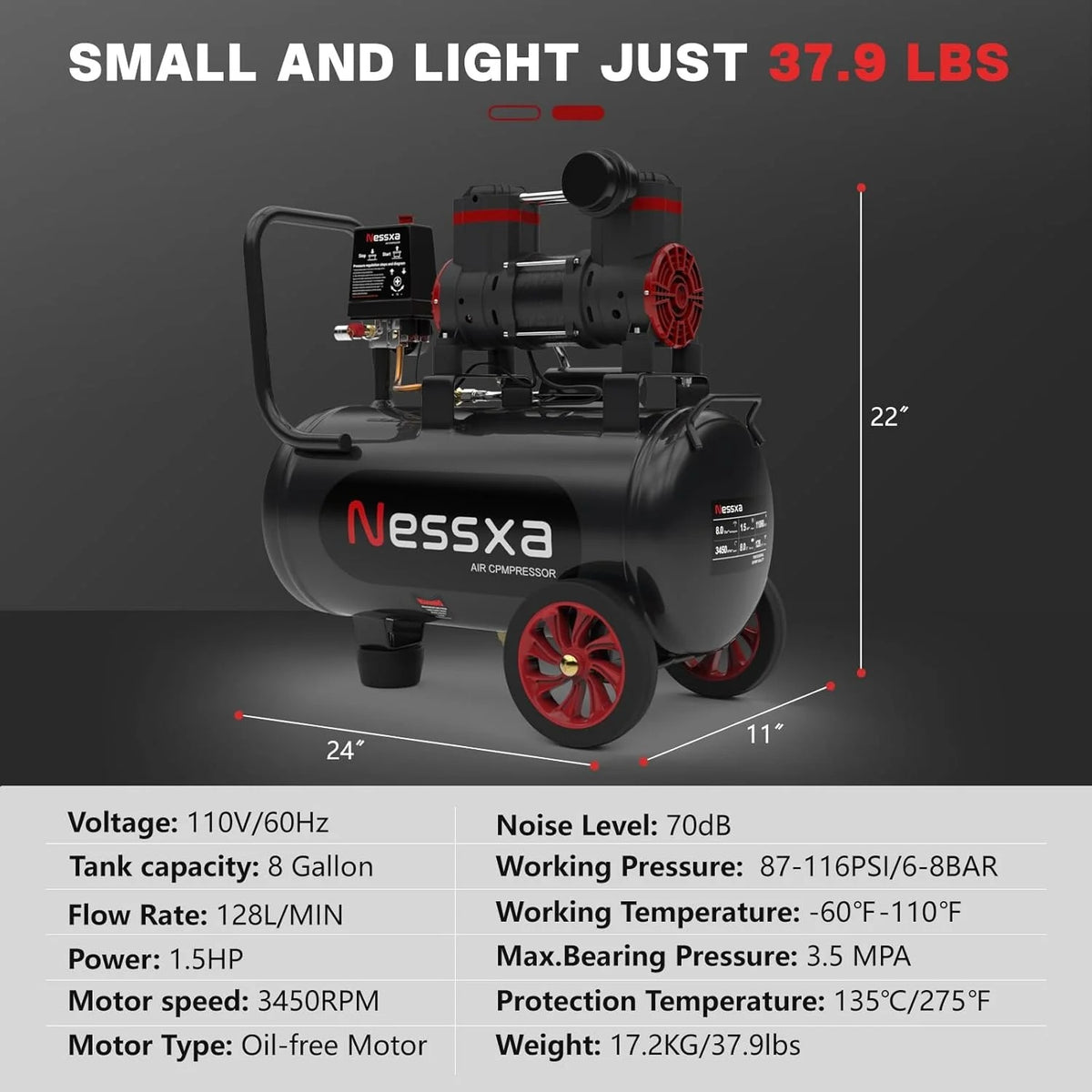 14-Gallon ultra-quiet air compressor 70dB, 2HP horsepower, 8.75CFM flow, maximum 116PSI pressure, oil-free design, 110V voltage, suitable for car repair, painting, and carpentry nailing operations
