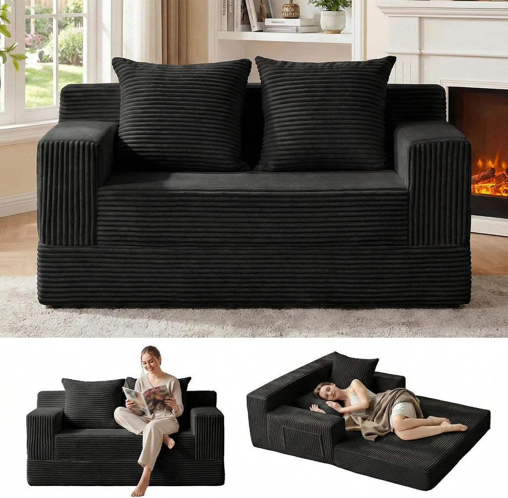 Convertible Sofa Bed, Loveseat Folding Floor Futon Sleeper Sofa Couch Bed- Boneless Foldable Couch, Corduroy Pull Out Sofa Bed with 2 Pillows for Living Room & Bedroom