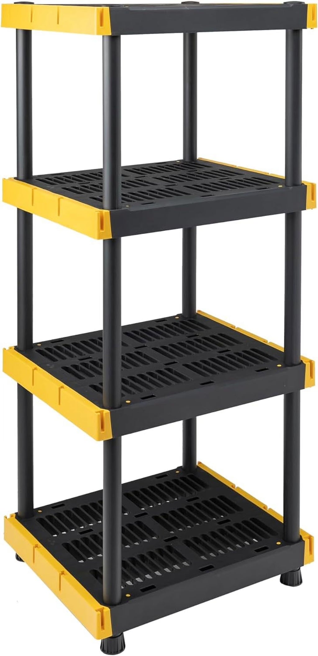 BLACK & YELLOW 4-Tier Heavy Duty Plastic Storage Shelving Unit, 100lbs/shelf (55"H x 24"W x 20"D), for Indoor/Outdoor Organization, Modular Rack, Extremely Durable, Made in The USA