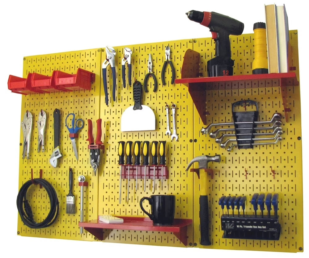 Wall Control 4ft Metal Pegboard Standard Tool Storage Kit - Yellow Toolboard & Red Accessories