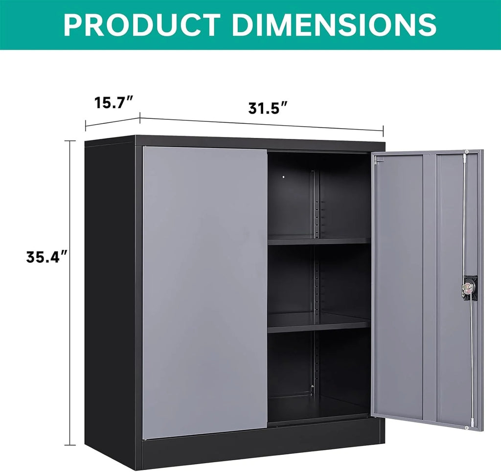 HLL 36 inch Metal Storage Cabinet with Doors and Shelves,Small Black Locking Garage Cabinet,Lockable Short Steel Cabinets for Home,Office,Shop,Garage