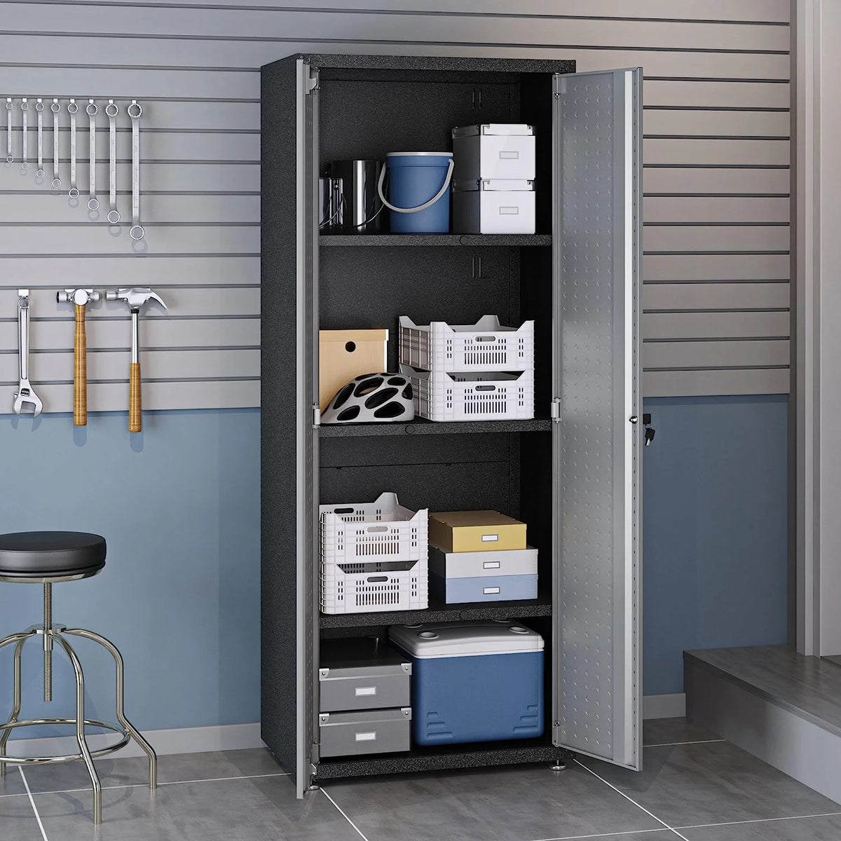 Manhattan Comfort Fortress Standing Cabinet Storage, Black/Gray