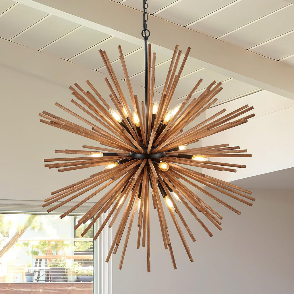 23.6" Farmhouse Sputnik Chandelier for Dining Room Rustic Handmade Natural Wood 12-Light Hanging Ceiling Pendant Light Fixture Starburst Wood Chandeliers for Kitchen Bedroom Foyer Hallway