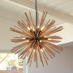23.6" Farmhouse Sputnik Chandelier for Dining Room Rustic Handmade Natural Wood 12-Light Hanging Ceiling Pendant Light Fixture Starburst Wood Chandeliers for Kitchen Bedroom Foyer Hallway