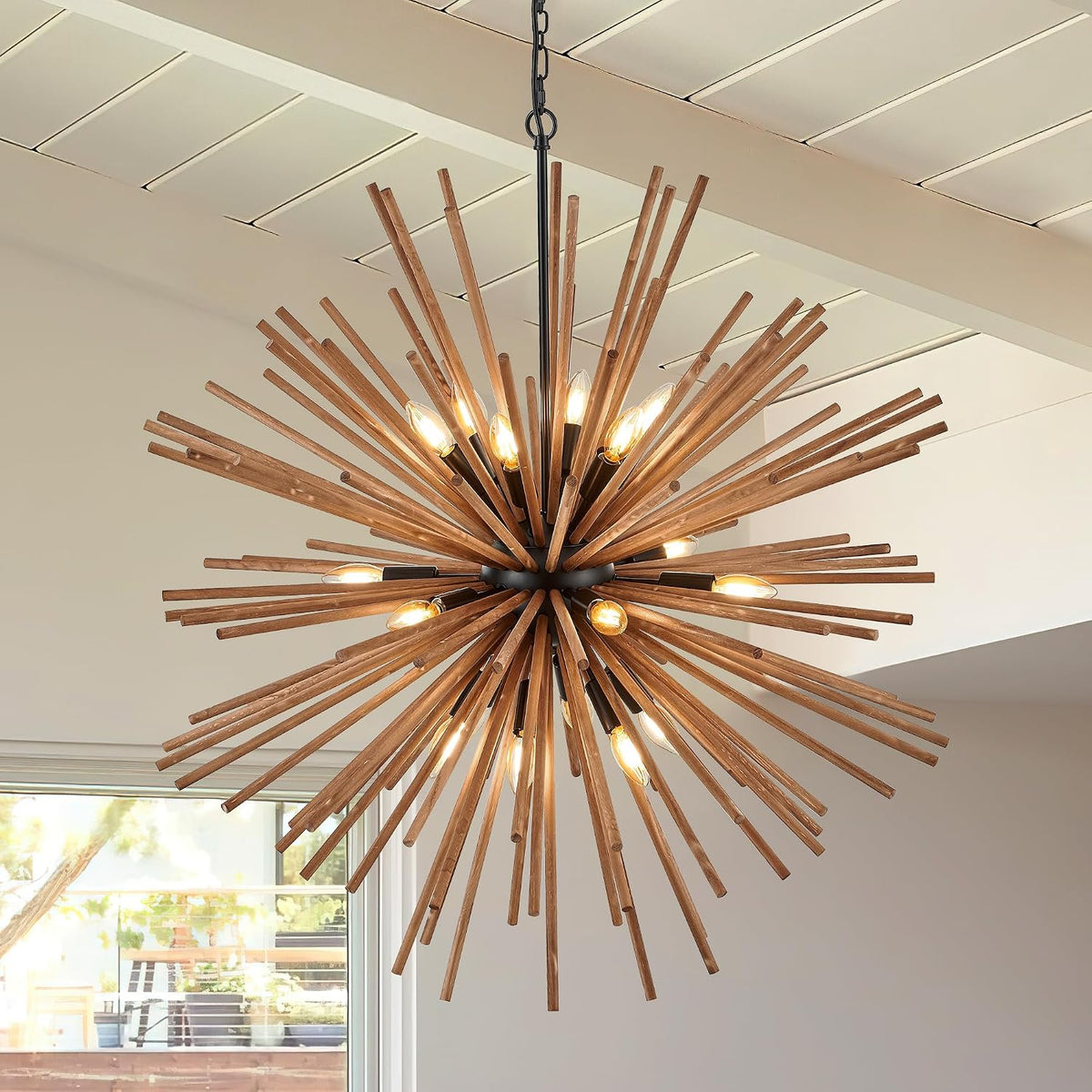 23.6" Farmhouse Sputnik Chandelier for Dining Room Rustic Handmade Natural Wood 12-Light Hanging Ceiling Pendant Light Fixture Starburst Wood Chandeliers for Kitchen Bedroom Foyer Hallway