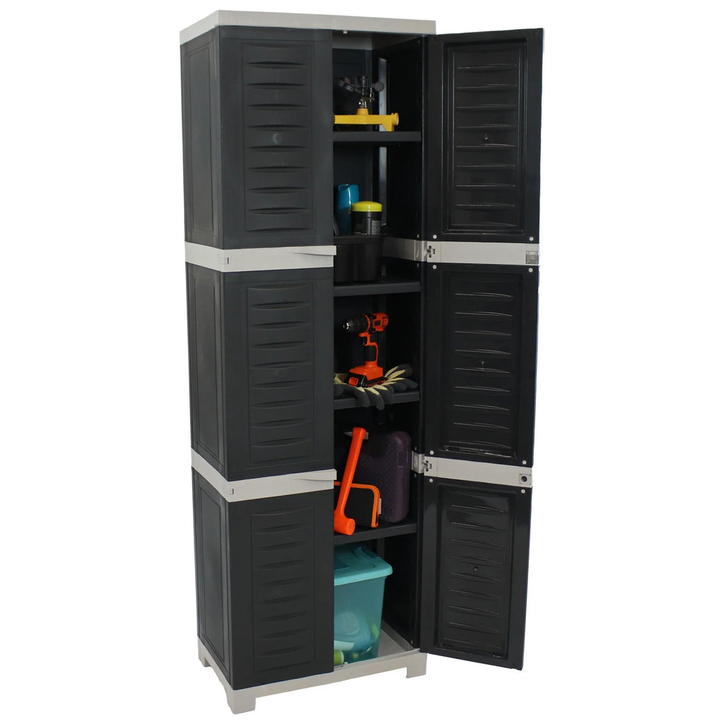 Sunnydaze Lockable Adjustable 72" Plastic 4-Shelf Freestanding Garage Storage Cabinet, Charcoal with Gray Trim