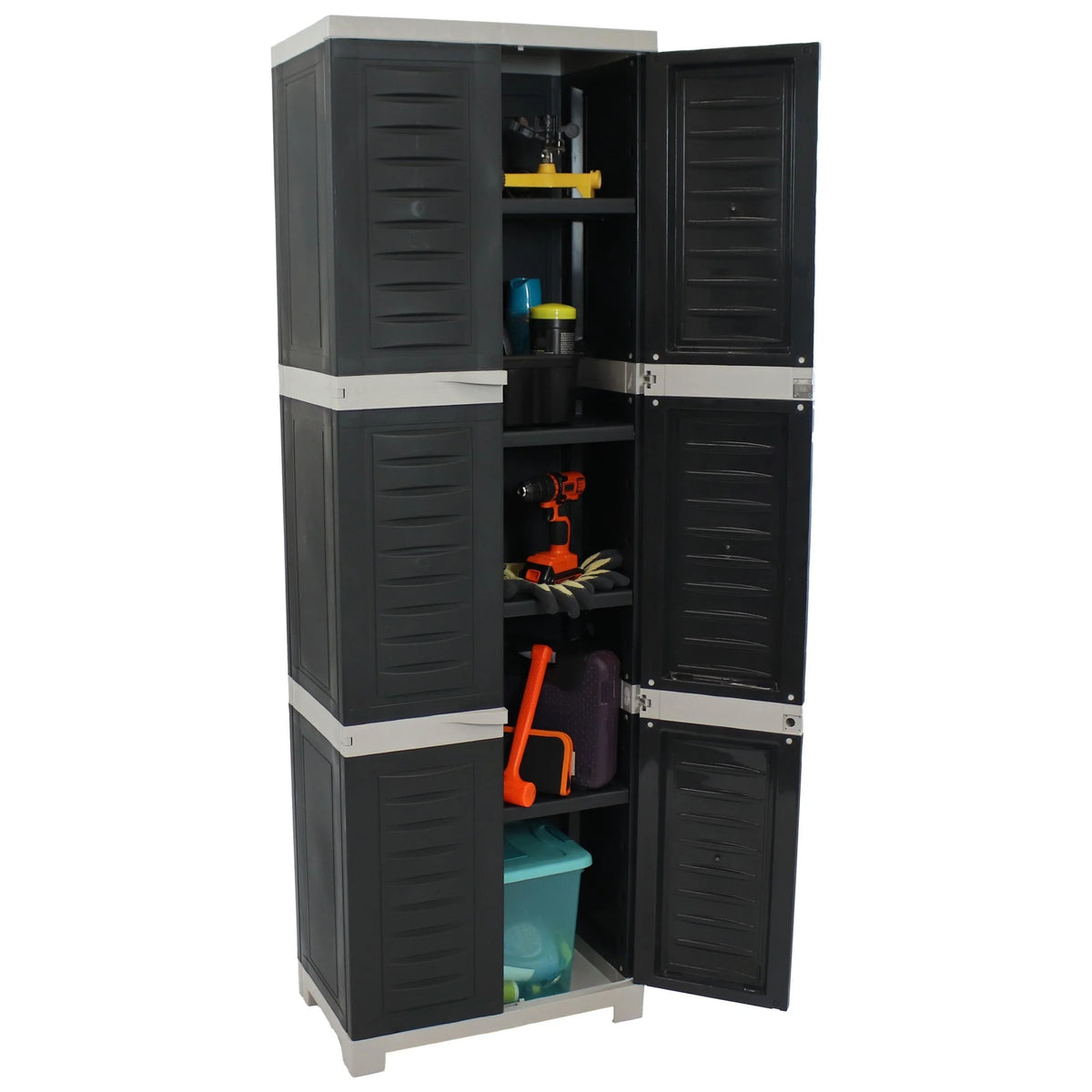 Sunnydaze Lockable Adjustable 72" Plastic 4-Shelf Freestanding Garage Storage Cabinet, Charcoal with Gray Trim