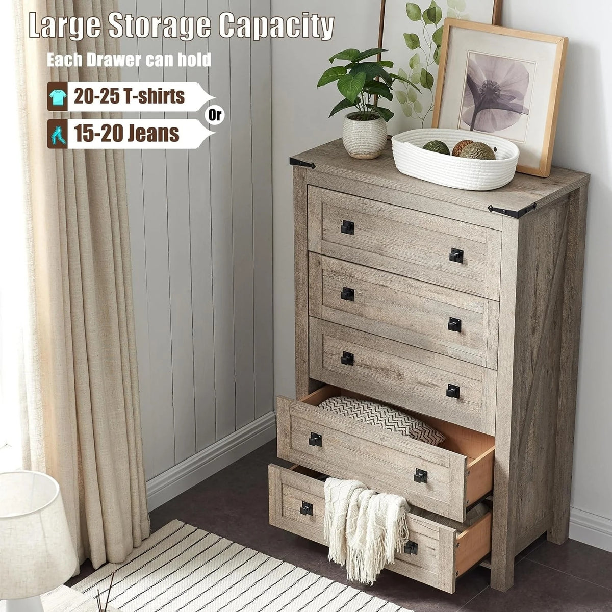 48 Inch Tall Farmhouse Wood Dresser, 5 Drawer Chest of Drawers for Bedroom