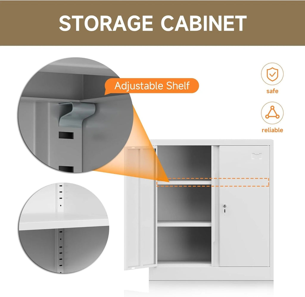 Metal Storage Cabinet, Garage Storage Cabinet with Doors and 2 Adjustable Shelves, 36" White Metal Cabinet, Locking Cabinet for Home,Garage,Office,School