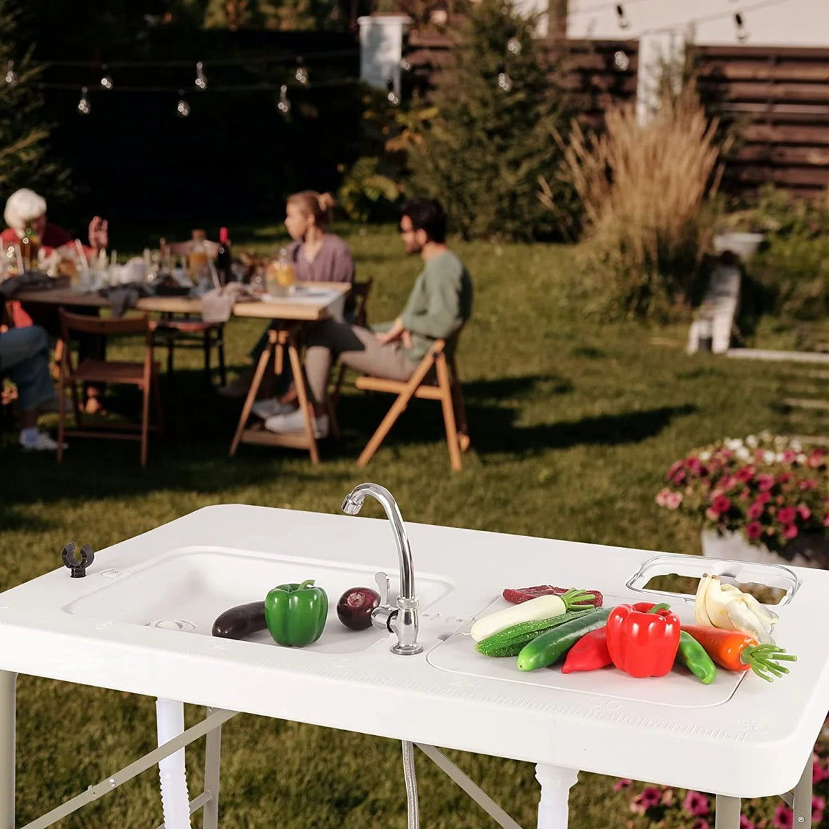 Folding Fish Cleaning Table, Outdoor Camping Sink Station with Sink & Faucet Drainage Hoses, Portable Camping Sink Table for Beach Fishing Patio Picnic