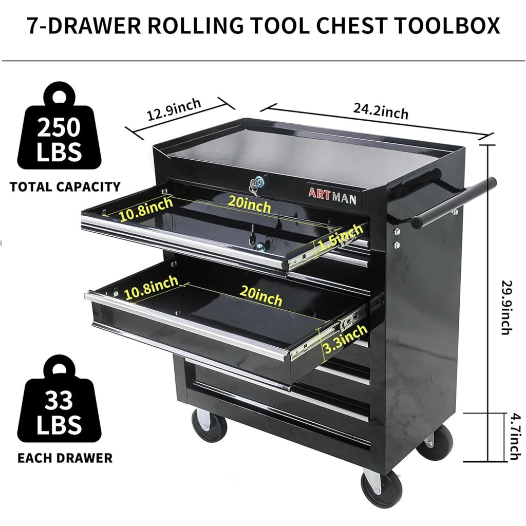 POVANLI  7-Drawer Rolling Tool Chest with Wheels Multifunctional Tool Chest Portable Tool Storage Cabinet with Locking System for Garage Workshop Warehouse Repair Shop