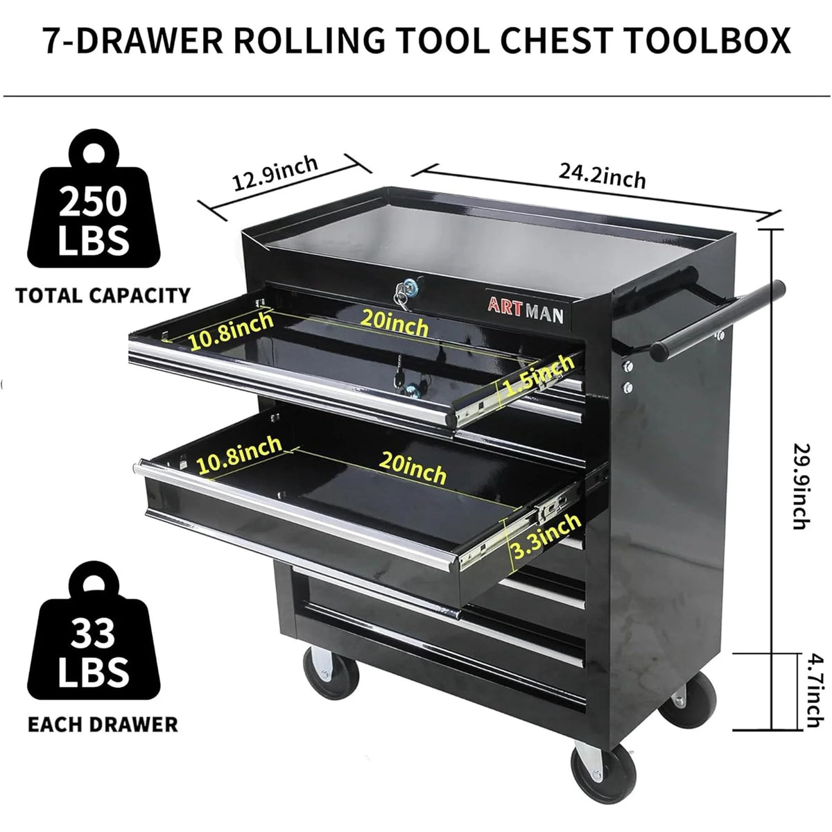 POVANLI  7-Drawer Rolling Tool Chest with Wheels Multifunctional Tool Chest Portable Tool Storage Cabinet with Locking System for Garage Workshop Warehouse Repair Shop