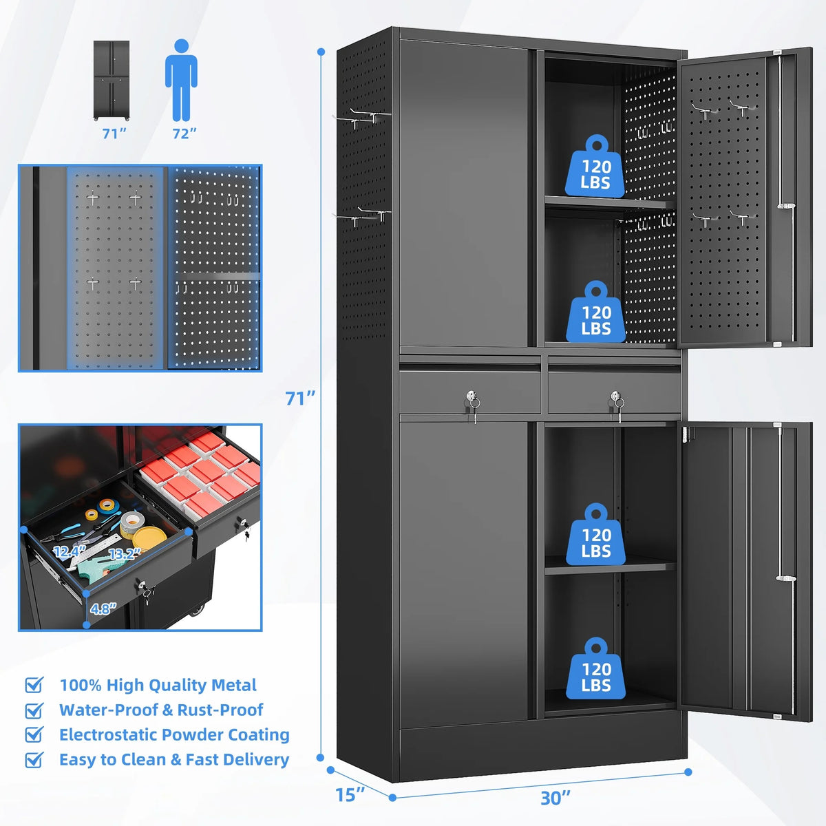 GAEANET 2 Door Metal Storage Cabinet with 5 Adjustable Shelves &Pegboard, 71" H-32" W-16" D Locking Steel Garage Cabinet, for Garage,Office,Home,Gym,School, File Cabinet,Assembly Required, Black