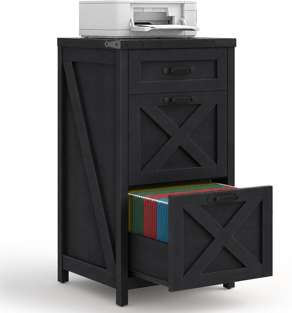 3 Drawers Tall Farmhouse File Cabinet with Wheels, Rustic White