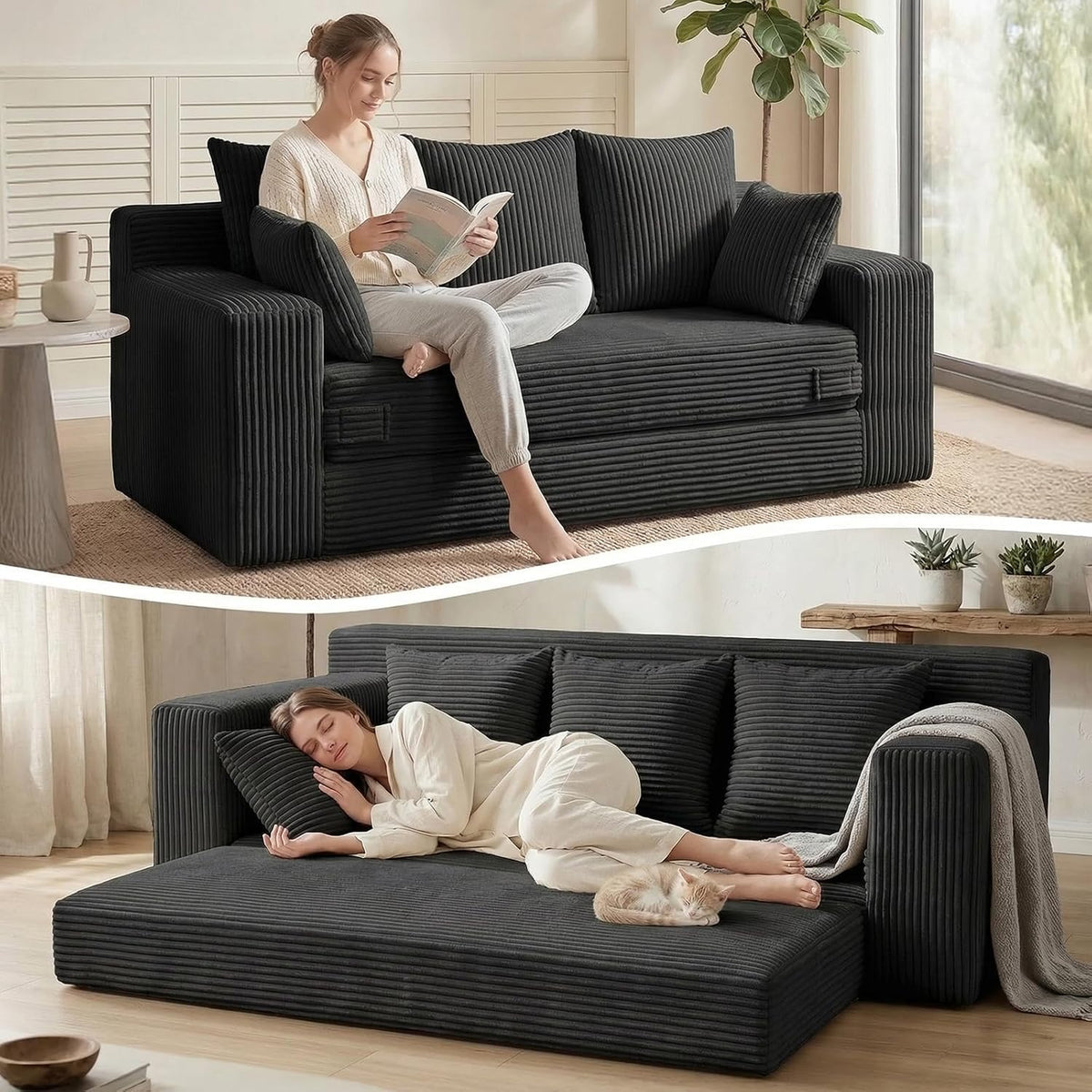 Convertible Sofa Bed, Loveseat Folding Floor Futon Sleeper Sofa Couch Bed- Boneless Foldable Couch, Corduroy Pull Out Sofa Bed with 2 Pillows for Living Room & Bedroom