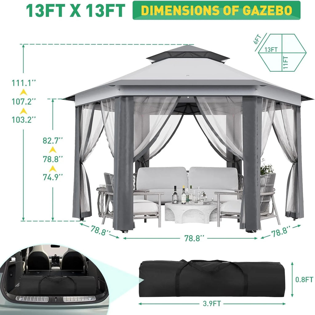 Pop Up Gazebo 13x13ft, Hexagonal Outdoor Canopy Shelter, Instant Patio Gazebo Tent with Mesh Netting and Strong Steel Frame for Patio Backyard Garden Wedding Party