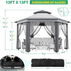 Pop Up Gazebo 13x13ft, Hexagonal Outdoor Canopy Shelter, Instant Patio Gazebo Tent with Mesh Netting and Strong Steel Frame for Patio Backyard Garden Wedding Party