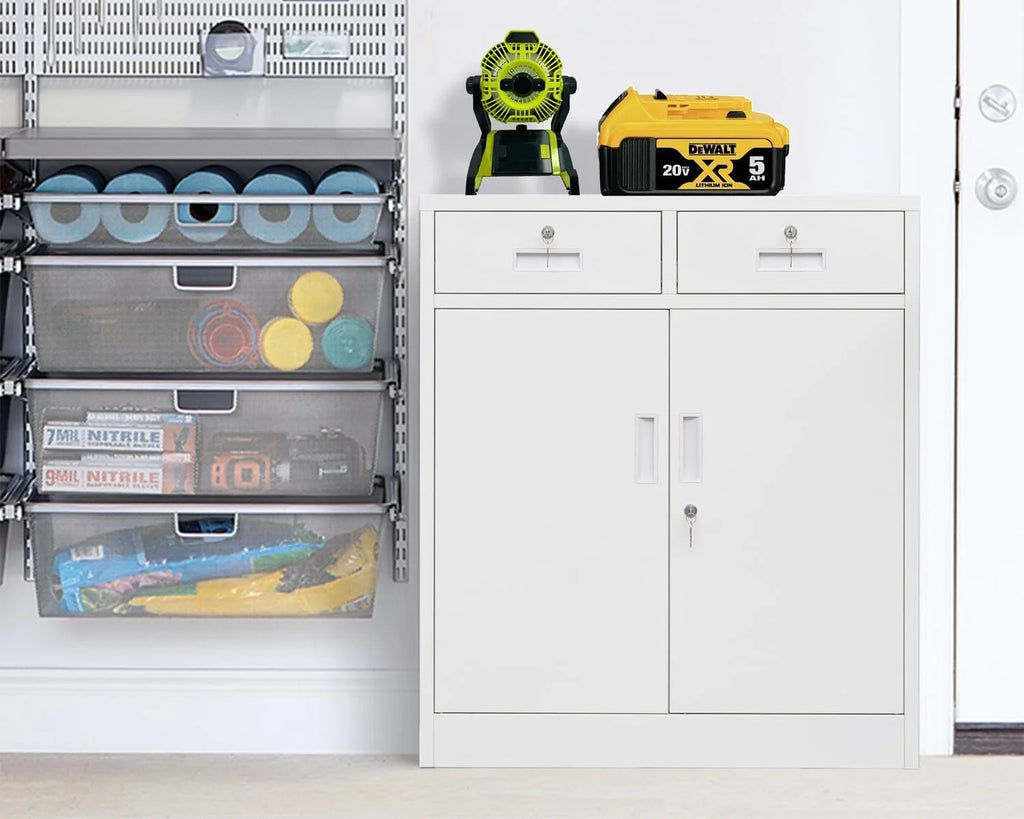 BESFUR Metal Garage Storage Cabinet with 2 Doors and 2 Drawers, Locking Stoage Cabinet for Garage, Classroom and Office - White