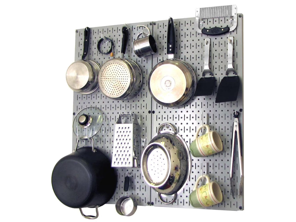 Wall Control Kitchen Pegboard Organizer Pots and Pans Pegboard Pack Storage and Organization Kit with Gray Pegboard and White Accessories