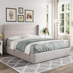 Queen Size Lift Up Storage Bed with Wingback Headboard, Upholstered Platform Bed Frame with Hidden Storage