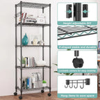 5-Tier Storage Shelf Wire Shelving Unit on Wheels, Adjustable Heavy Duty Metal Shelves with Side Hooks, Steel Rack Organization for Kitchen Garage Basement, Silver