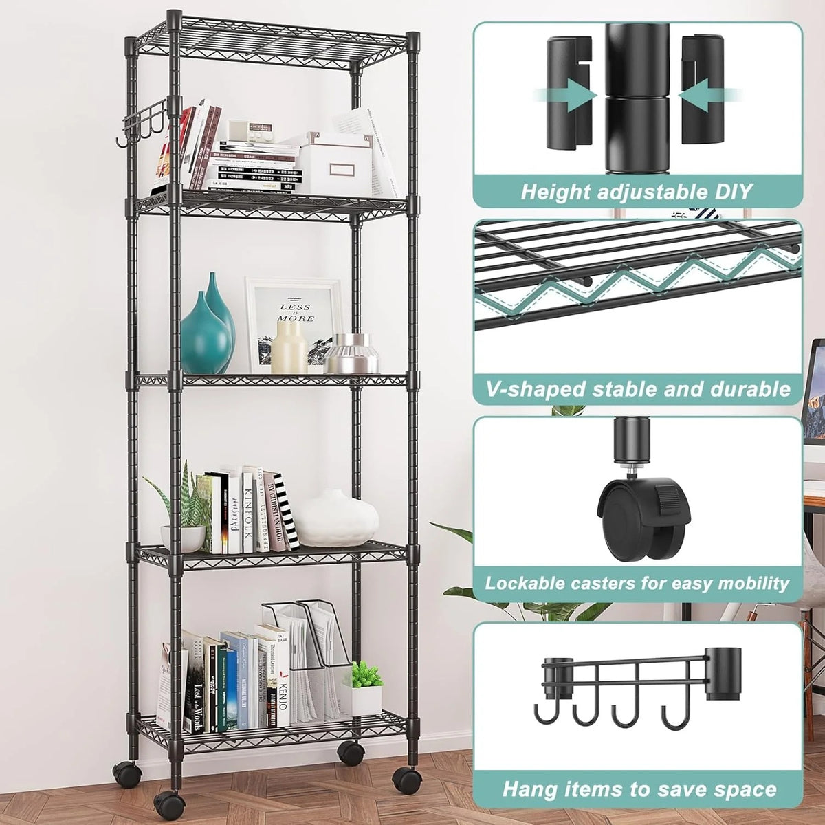 5-Tier Storage Shelf Wire Shelving Unit on Wheels, Adjustable Heavy Duty Metal Shelves with Side Hooks, Steel Rack Organization for Kitchen Garage Basement, Silver