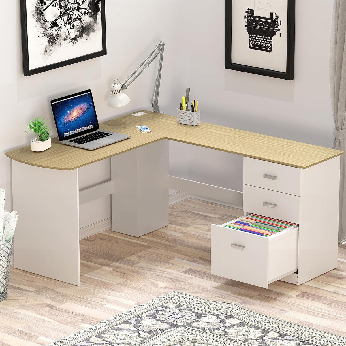 L-Shaped Home Office Wood Corner Desk w/ Box File Drawers, Black