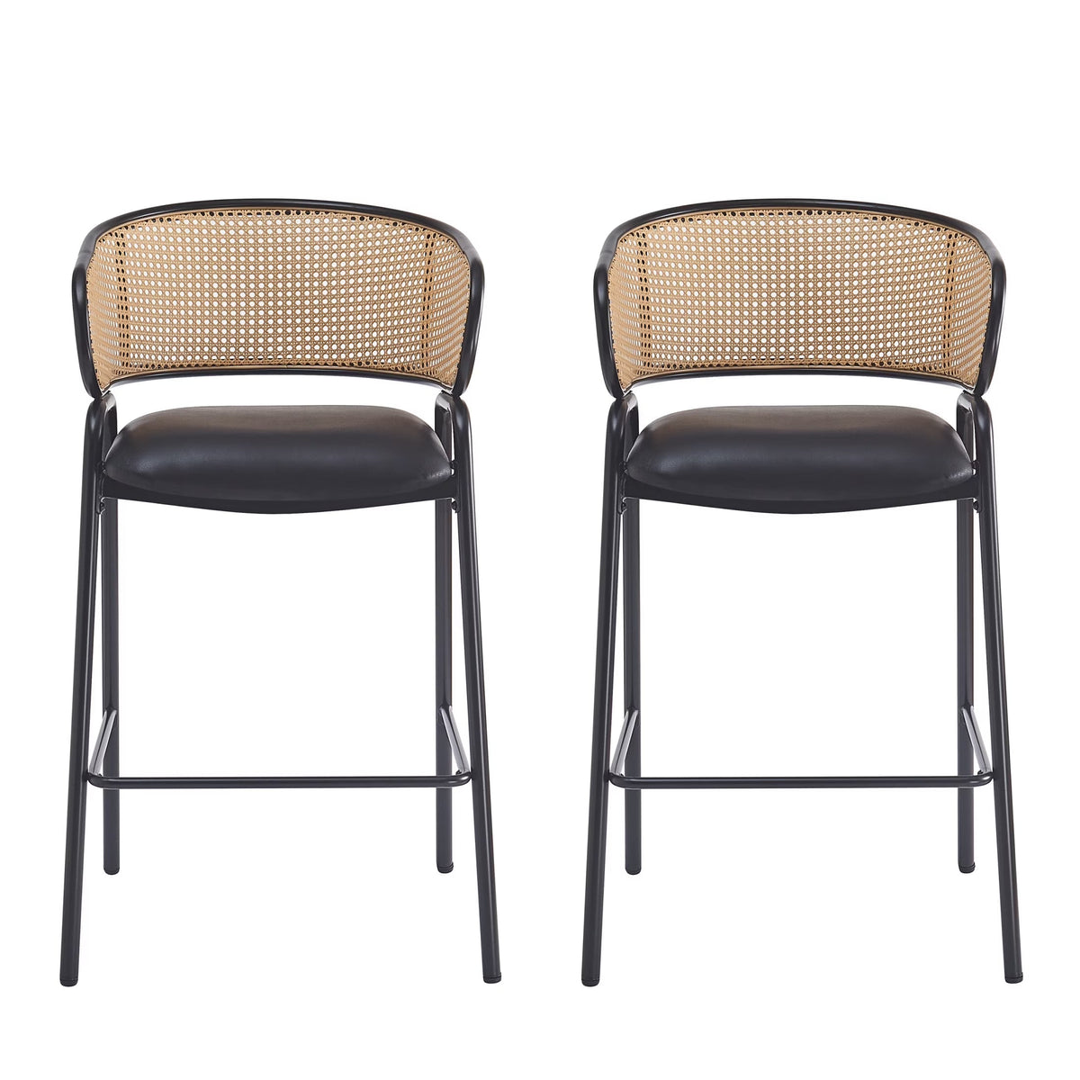 Christopher Knight Home 29.5" PU Upholstered Bar Stool with Woven Rattan Backrest & Iron Frame, Black, Set of 2