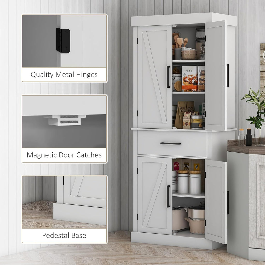 72" Tall Kitchen Pantry Cabinet Adjustable Shelves Barn Doors White