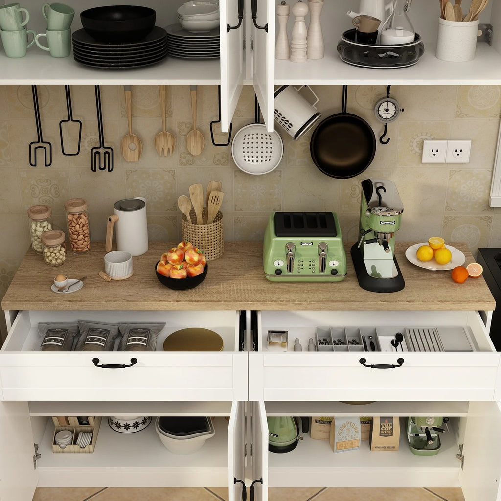 KULAGAGA Kitchen Cabinet with Wall Mounted Hutch, Sideboard Storage Cupboard with Drawers for Home, White