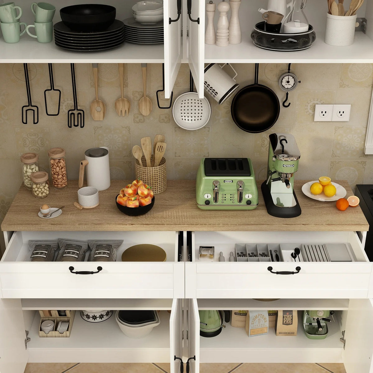 KULAGAGA Kitchen Cabinet with Wall Mounted Hutch, Sideboard Storage Cupboard with Drawers for Home, White