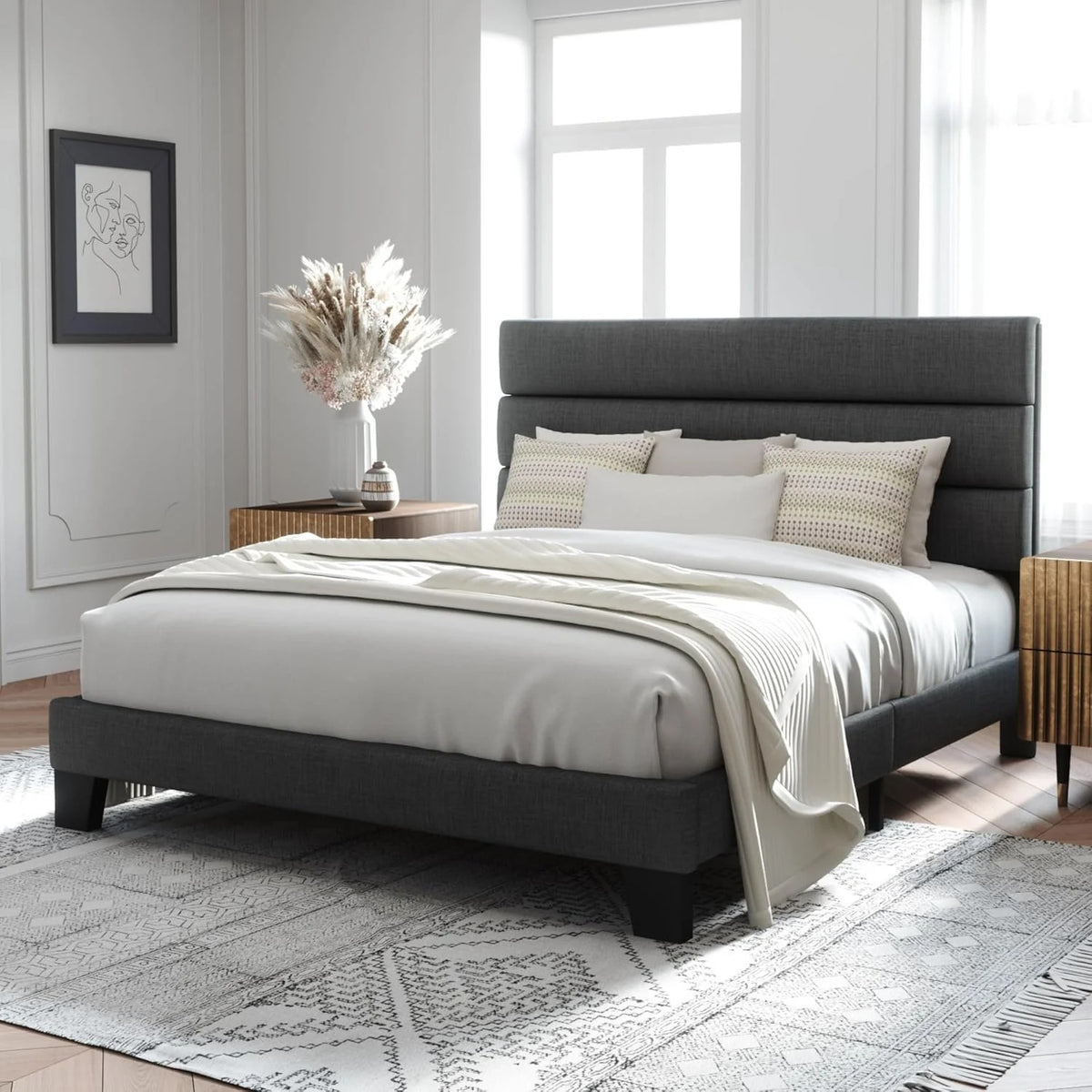 Queen Size Upholstered Platform Bed Frame, Dark Gray Fabric Bed with Headboard for Bedroom