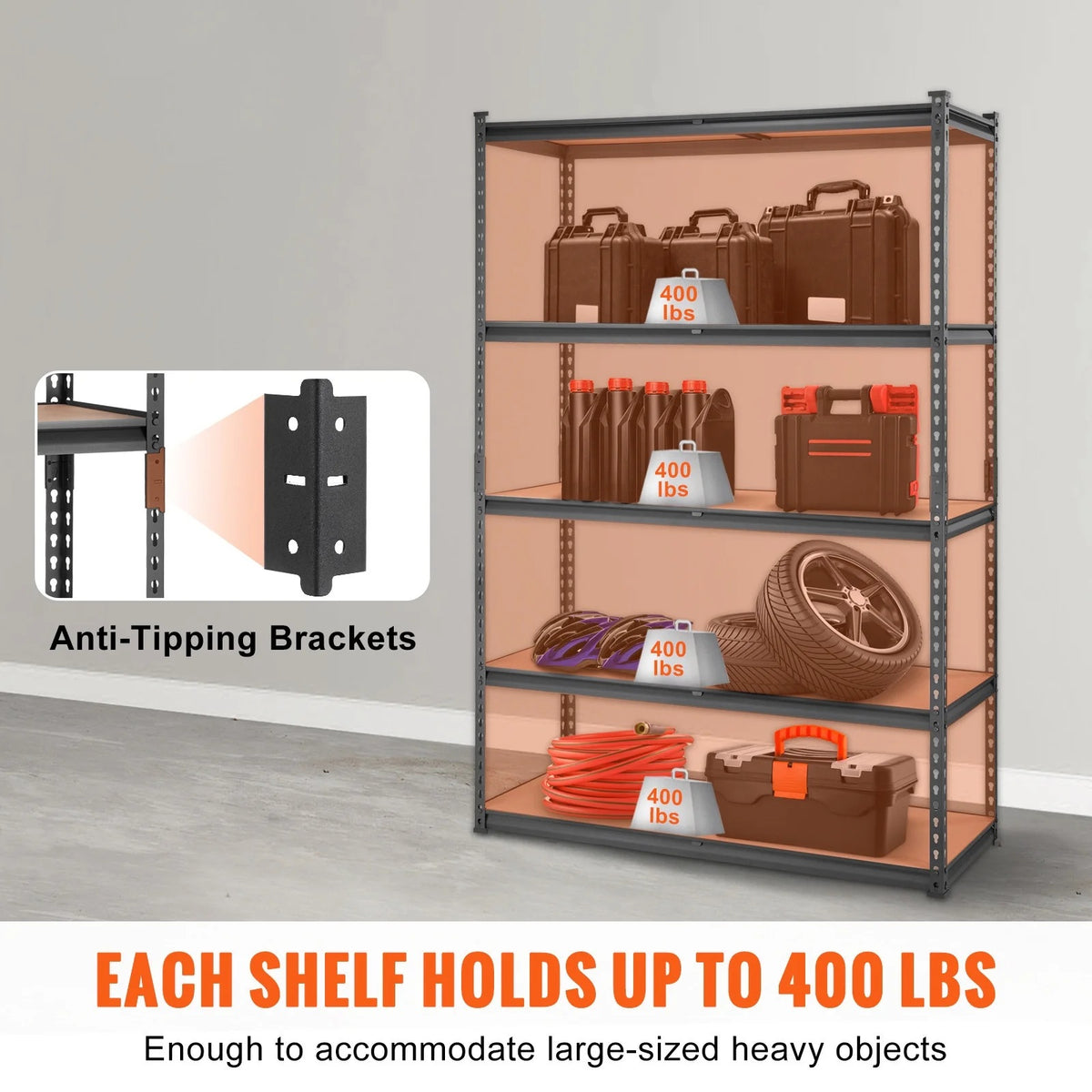 BHUIK 5-Tier Heavy Duty Garage Storage Shelving Unit, 48"W x 18"D x 72"H Adjustable Metal Rack, 2000 lbs Capacity, Industrial Black Steel Shelves for Basement, Kitchen, Utility or Laundry Room