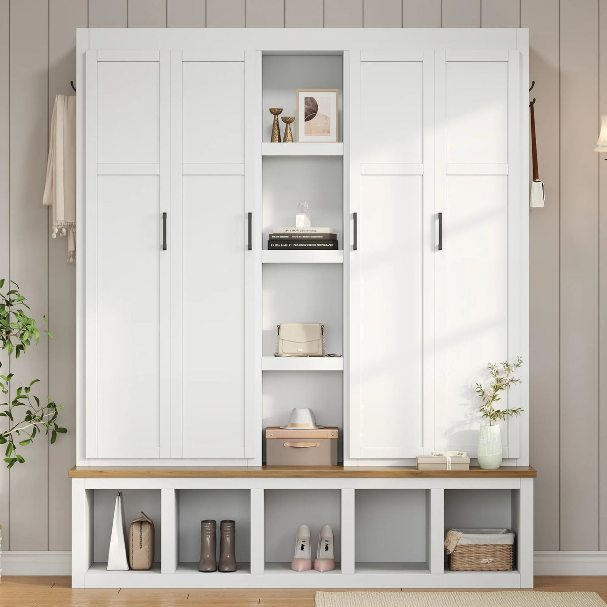 Euroco Modern Farmhouse Hall Tree -C 4-in-1 Entryway Bench with Cabinets, Hooks & Shoe Storage, Wood-Grain Finish, Handles, Anti-Tip Safety