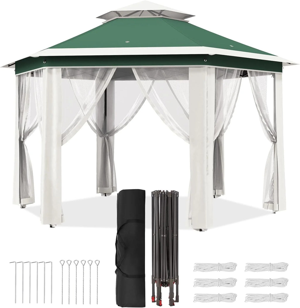 Pop Up Gazebo 13x13ft, Hexagonal Outdoor Canopy Shelter, Instant Patio Gazebo Tent with Mesh Netting and Strong Steel Frame for Patio Backyard Garden Wedding Party