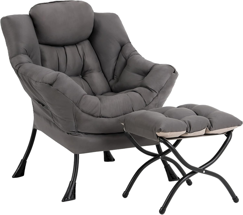 Lazy Chair with Ottoman, Reading Chair with Footrest, Dark Grey
