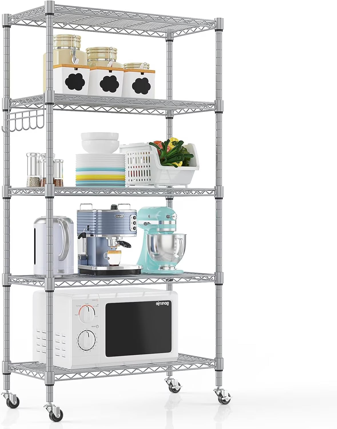 5-Tier Storage Shelf Wire Shelving Unit on Wheels, Adjustable Heavy Duty Metal Shelves with Side Hooks, Steel Rack Organization for Kitchen Garage Basement, Silver