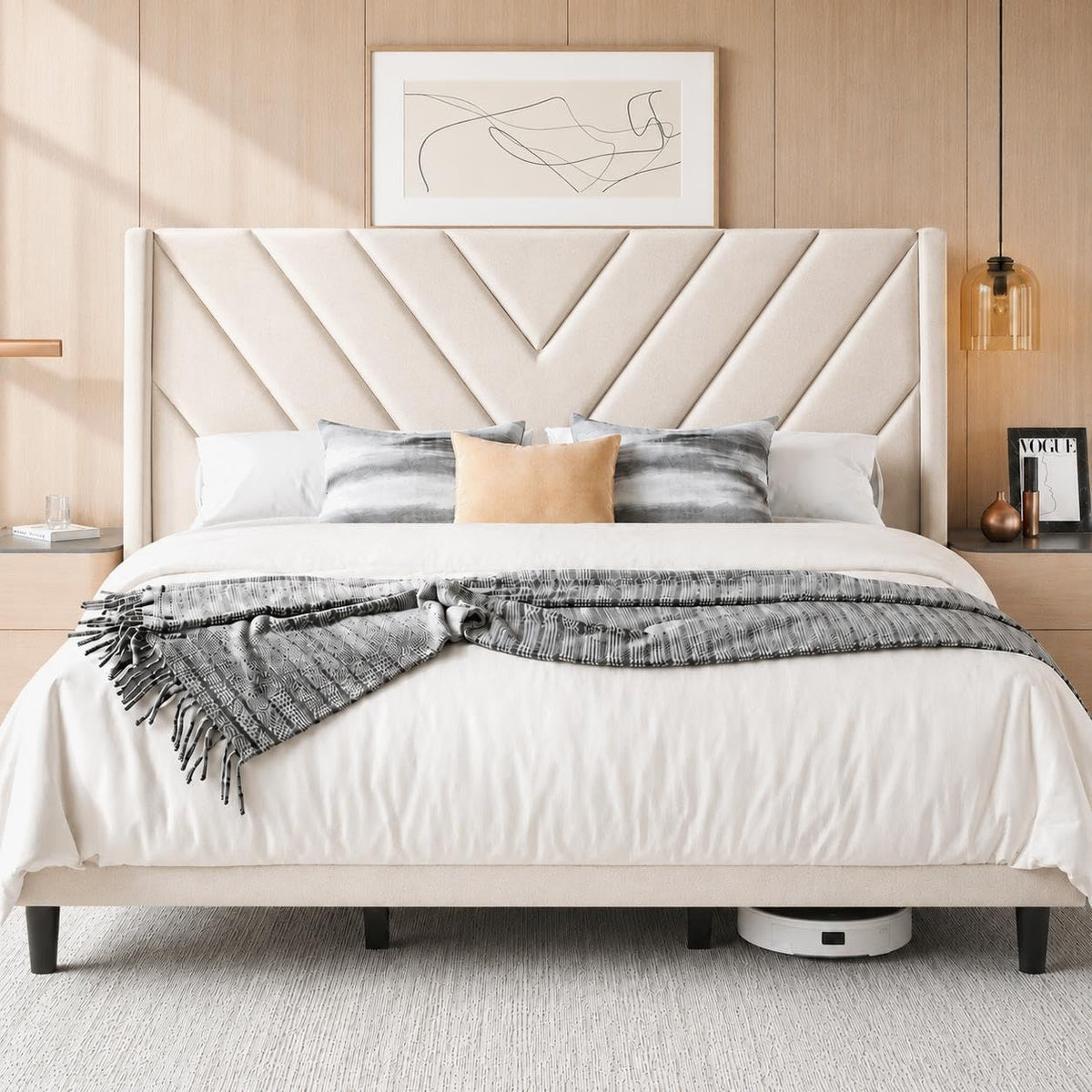 Twin Bed Frame with Chevron Channel-Tufted Headboard, Light Gray
